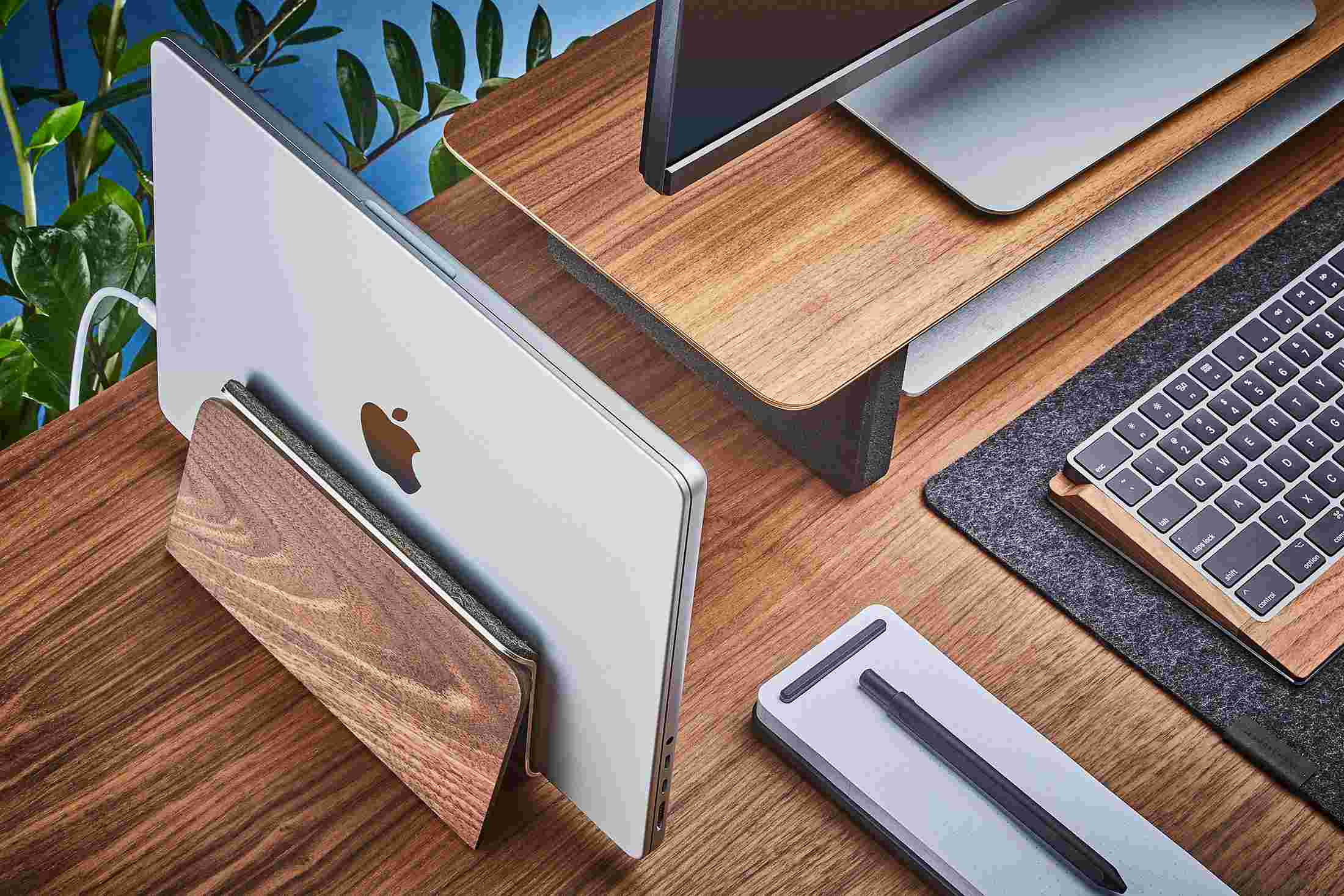 Walnut MacBook Dock with matching walnut desk shelf.