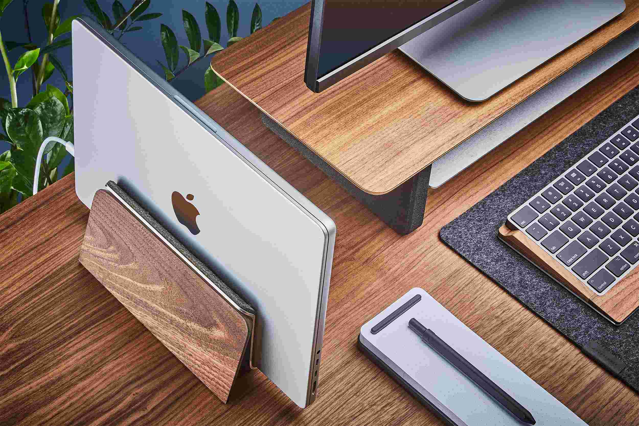 Walnut MacBook Dock with matching walnut desk shelf.