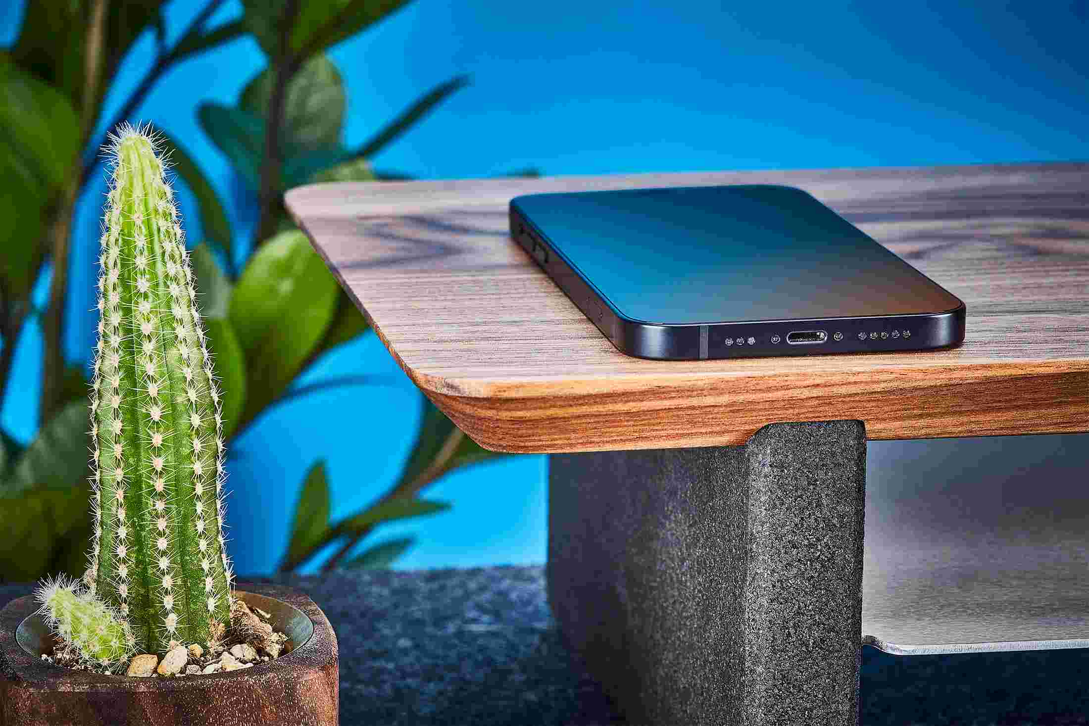 Close up of the rounded corner of the Solid Walnut Desk Shelf, made from premium 15-ply plywood.
