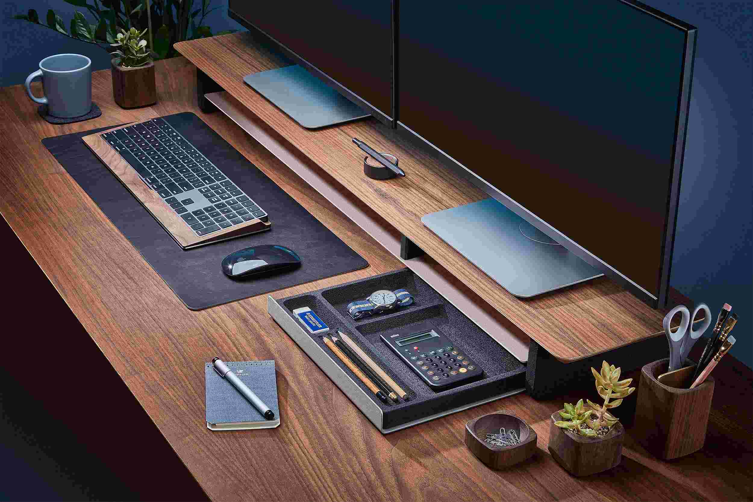 The complete Walnut Desk Shelf System, for one monitor or two.