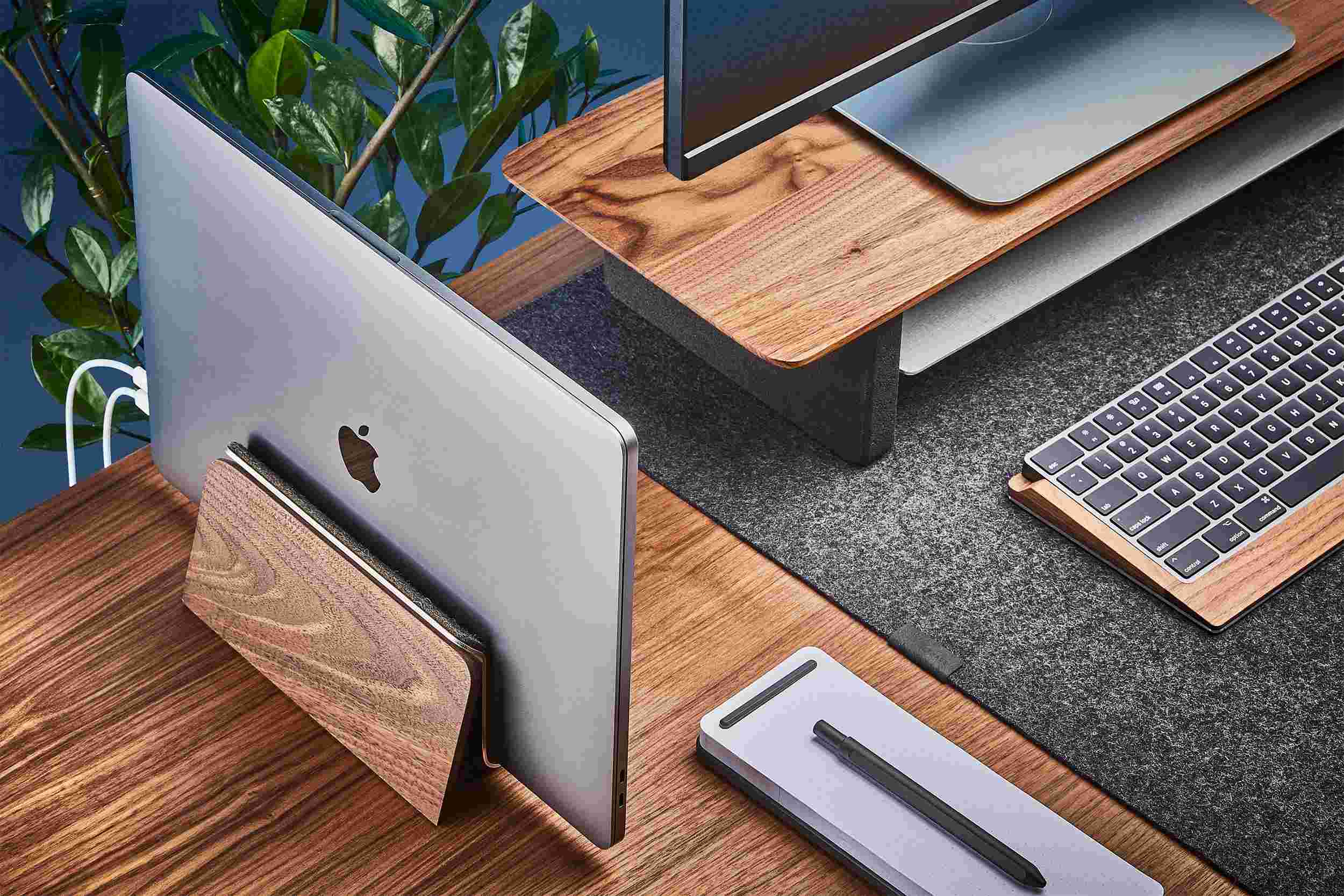Walnut MacBook Dock with matching solid walnut desk shelf.