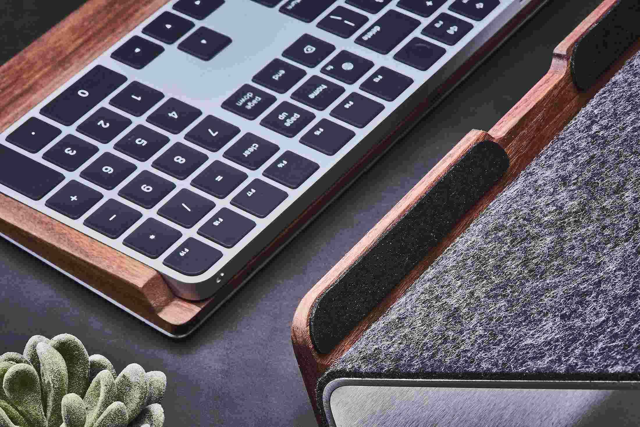 Detail of the soft wool felt lining of the Walnut Laptop Riser.