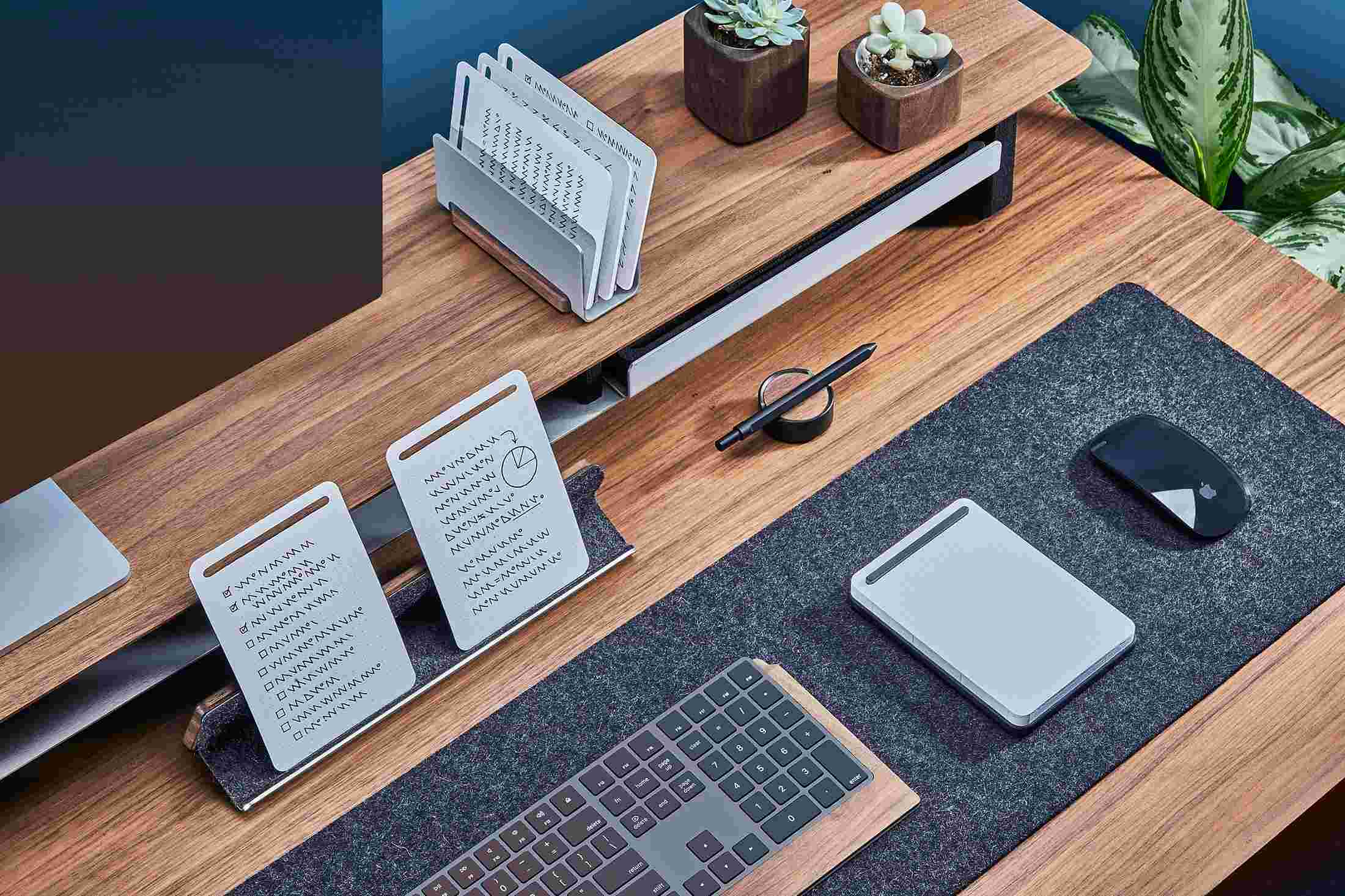 Walnut Note-Taking kit with matching desk shelf and dark wool felt desk pad.