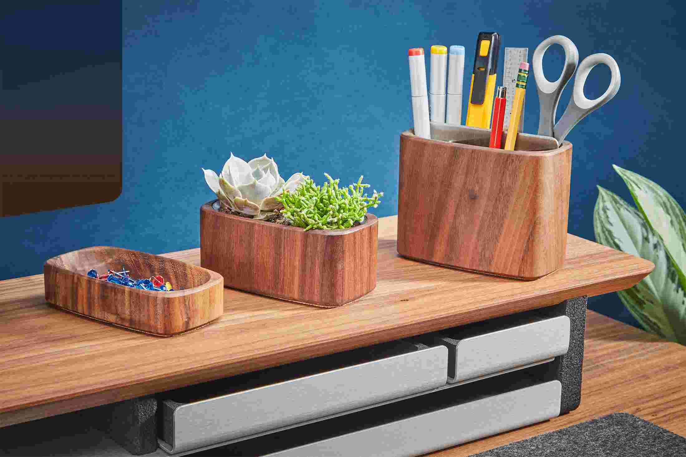 Medium walnut dish, wide planter, and medium pen pot.