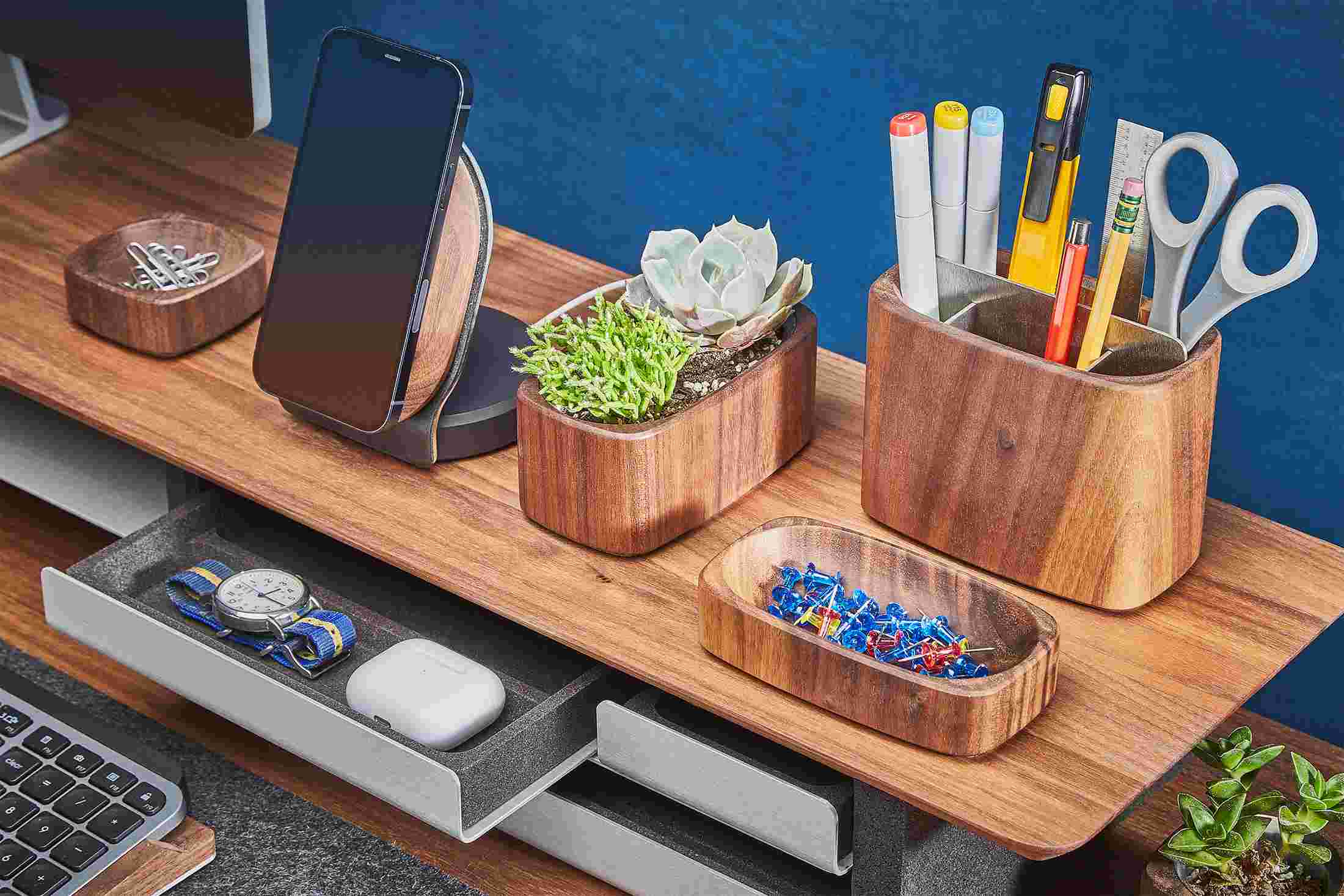 Full assortment of walnut organizer trays, compartments, and dishes, with matching Walnut iPhone Dock.