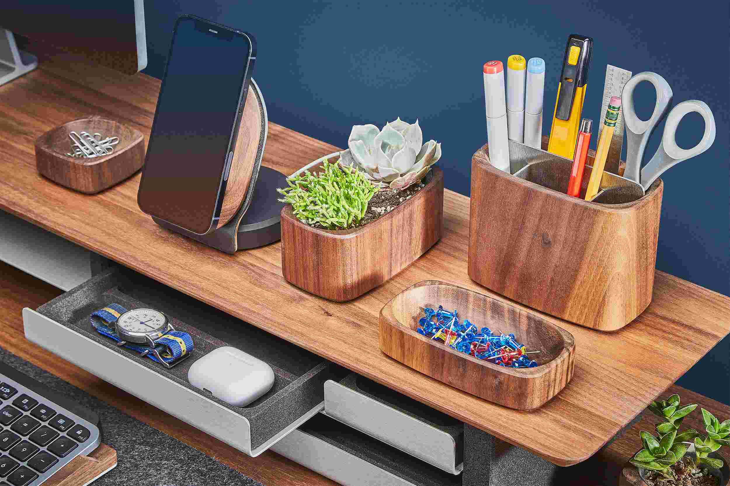 Full assortment of walnut organizer trays, compartments, and dishes, with matching Walnut iPhone Dock.