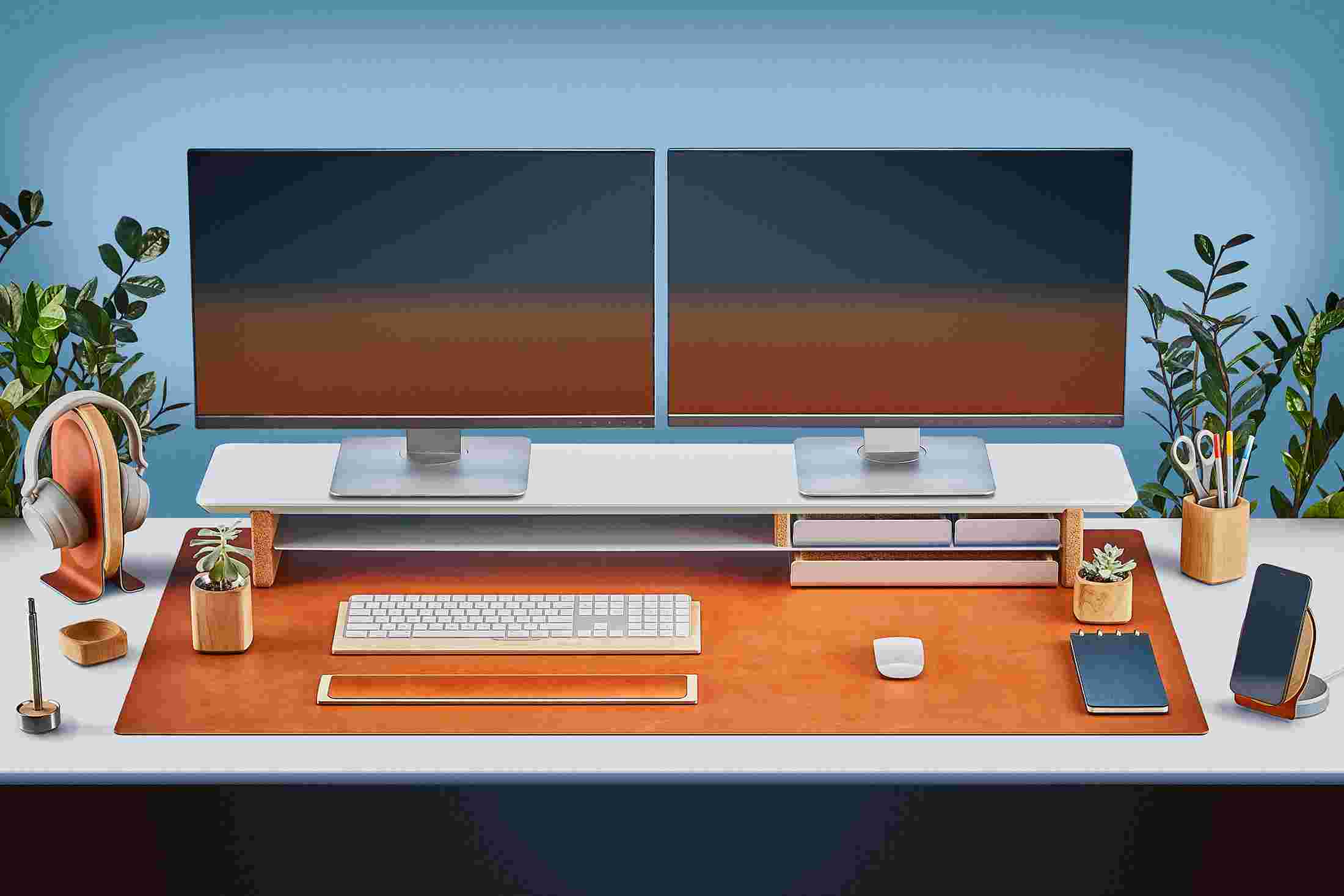 The Extra Large Felt Desk Pad supporting the entire Walnut Desk Shelf System featuring premium black leather mouse pad and keyboard tray.