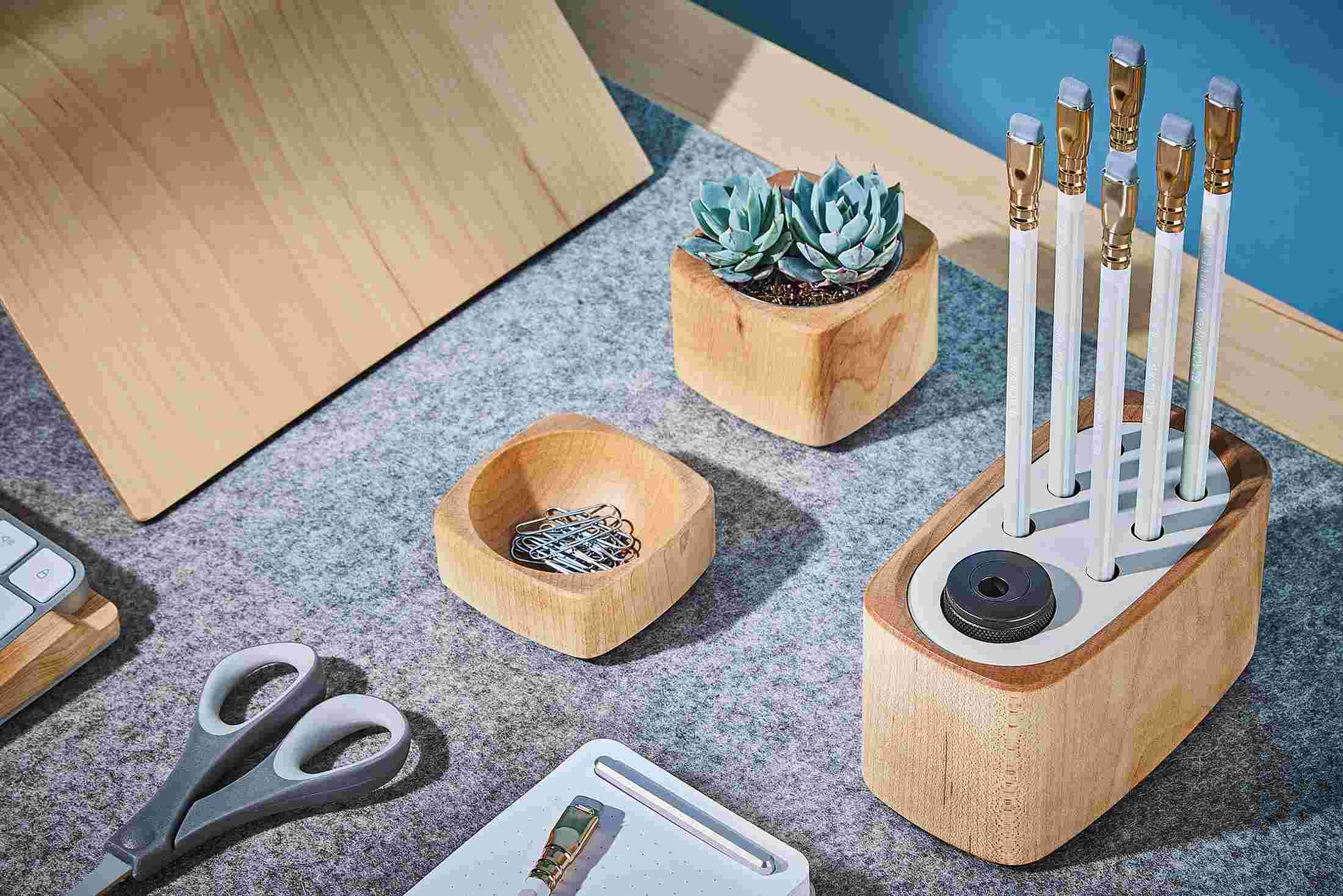 The maple pencil stand as part of the Grovemade Maple Desk Collection.