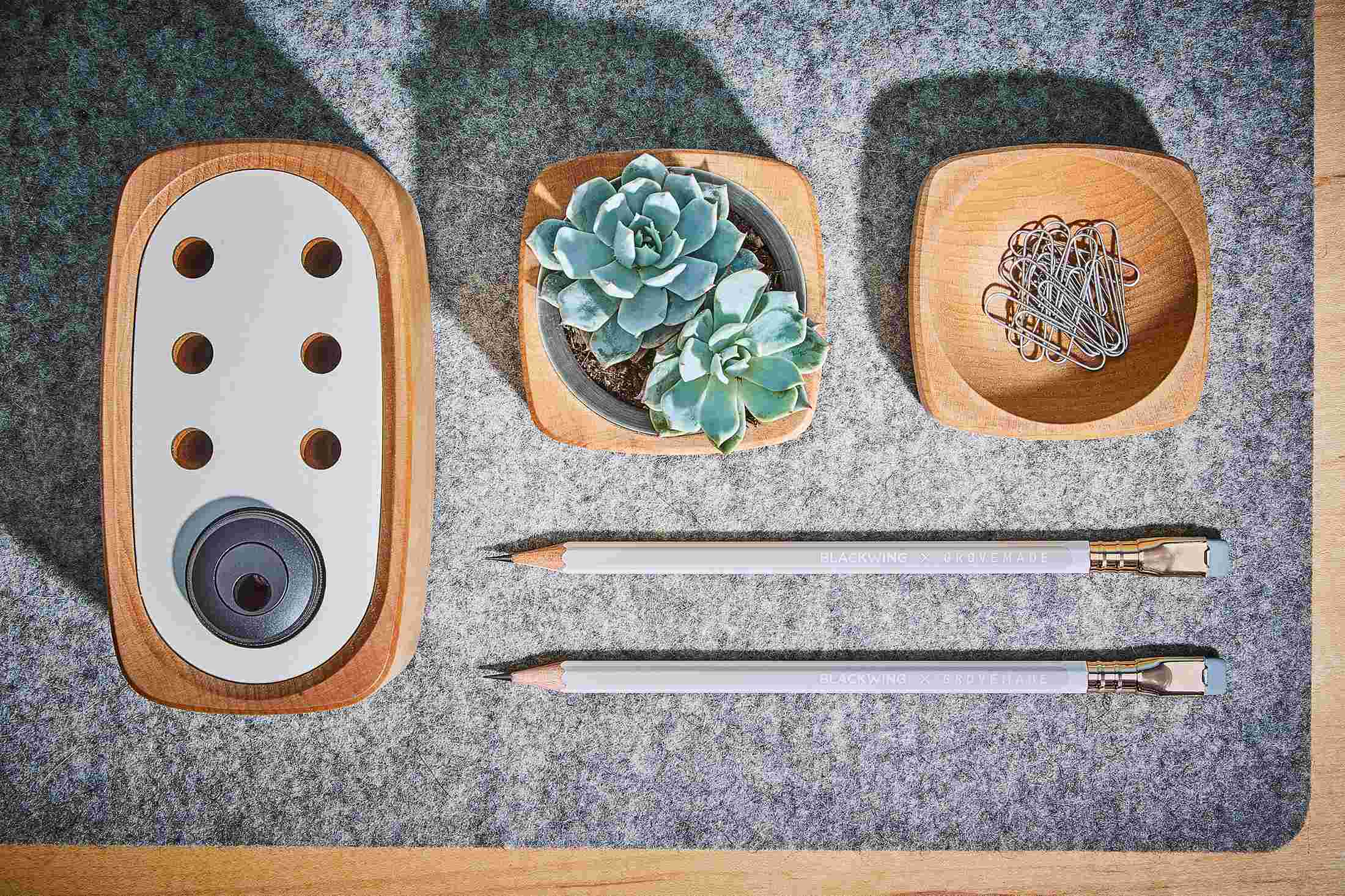 Overhead view of the Blackwing X Grovemade Pencil Kit in use.