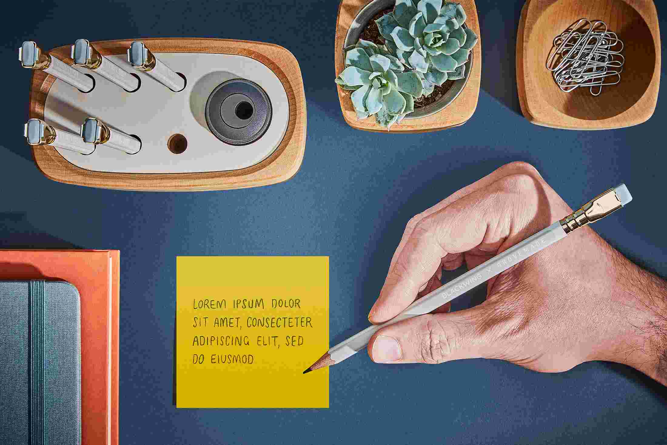 Overhead view of the Blackwing X Grovemade Pencil Kit in use.