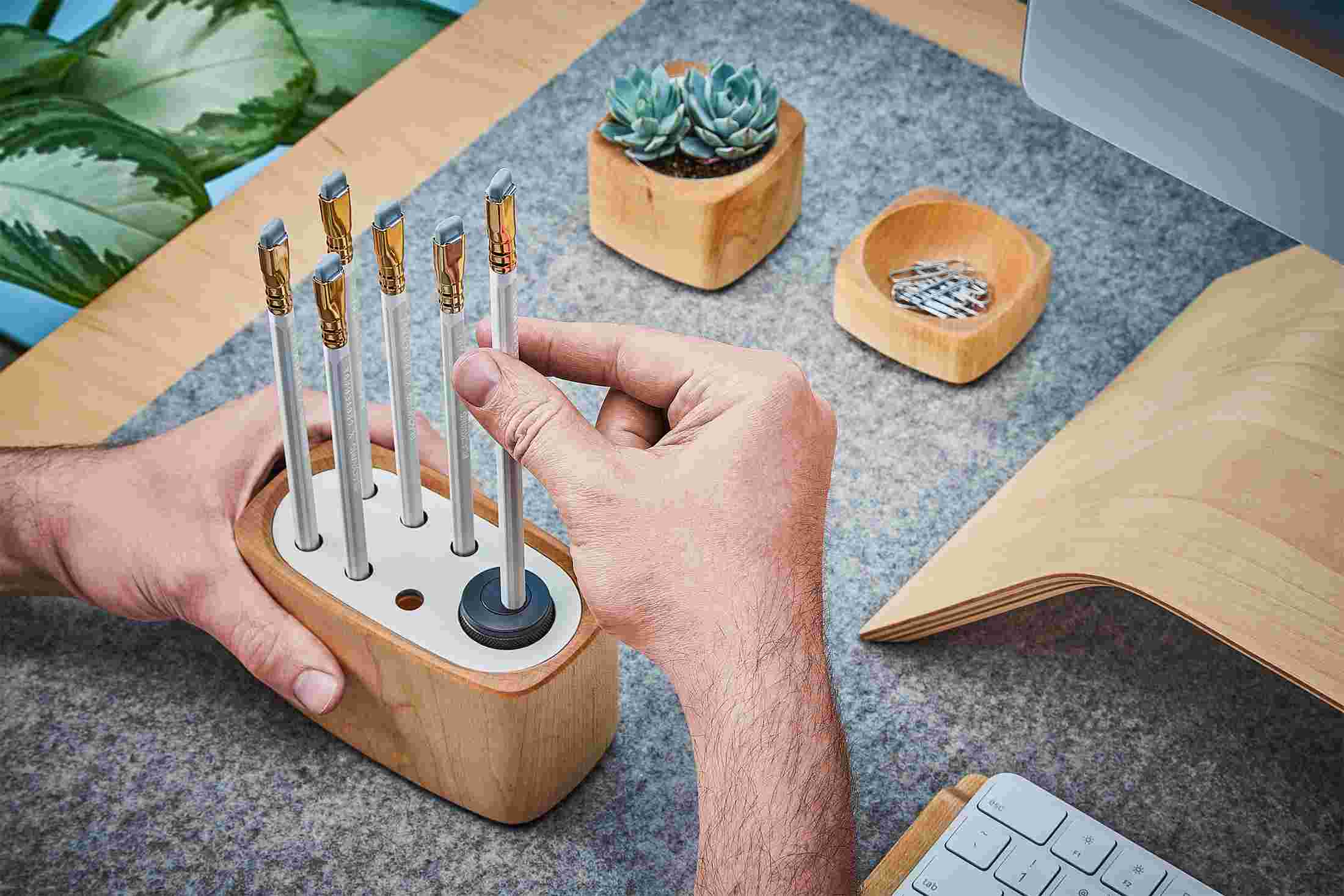 The built-in sharpener in use.