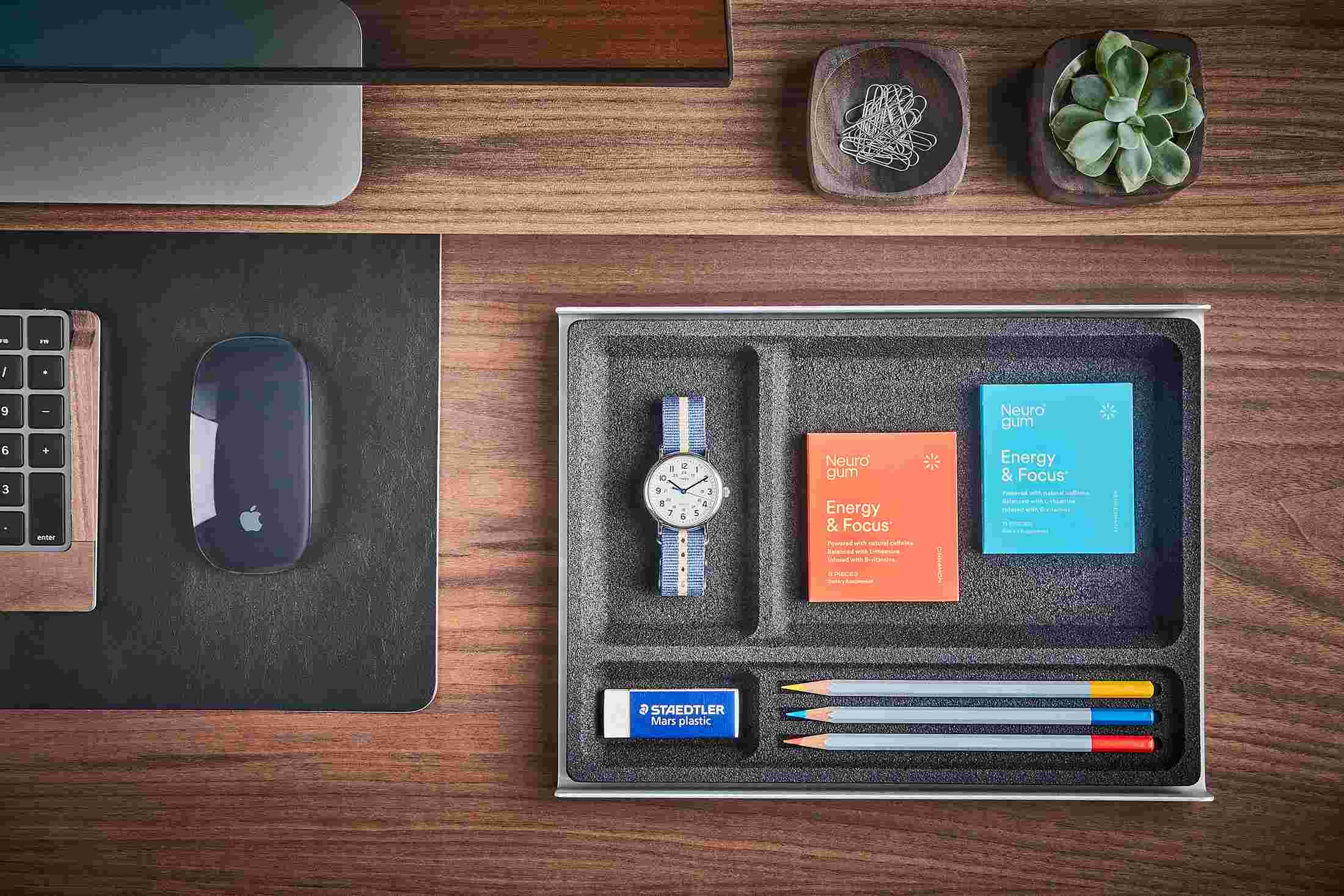 Overhead view of the Grovemade Desk Tray with Neuro Gum.