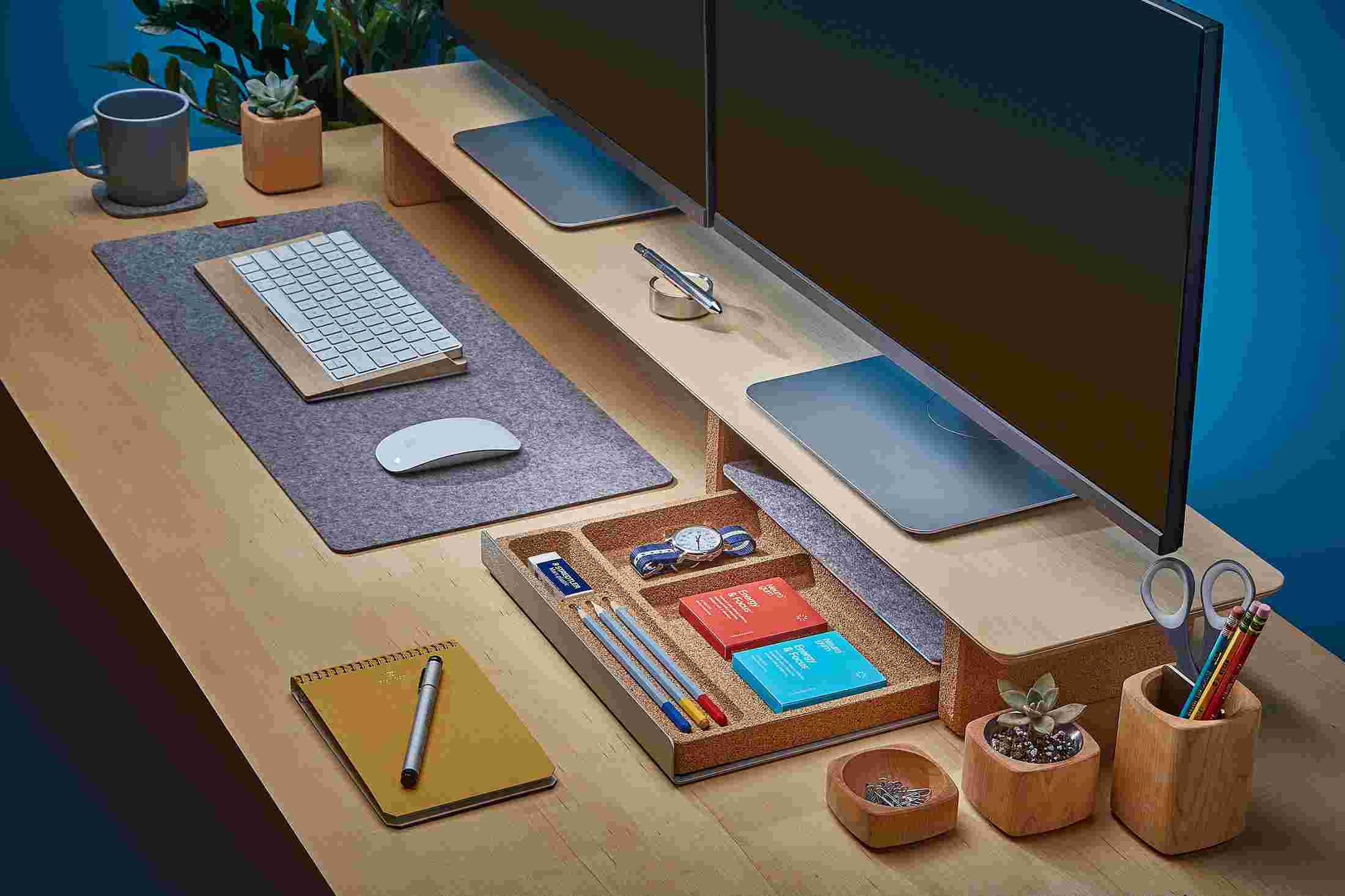 Maple Desk Collection with wooden double monitor stand and wool felt desk pad.