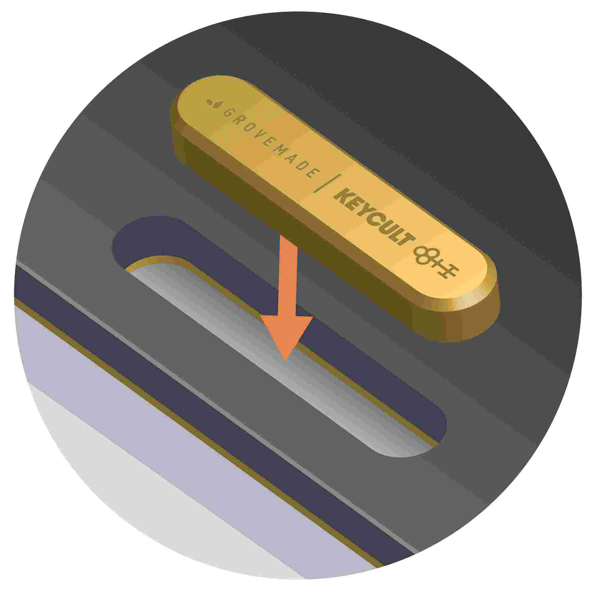 Illustration demonstrating insertion of brass medallion through the bottom of the Grovemade x Keycult Desk Pad.