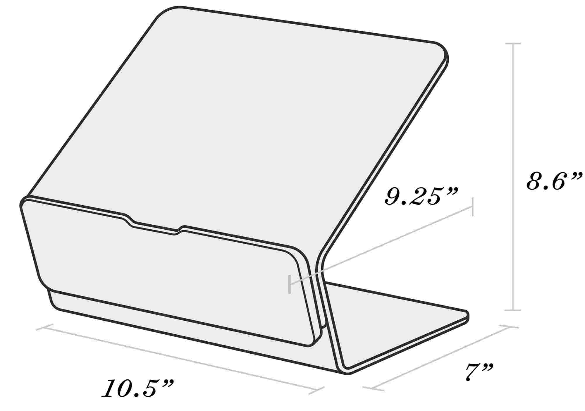 Laptop Riser with its dimensions. These dimensions can be found below in the section "Technical Specifications" in the subsection "Dimensions"'