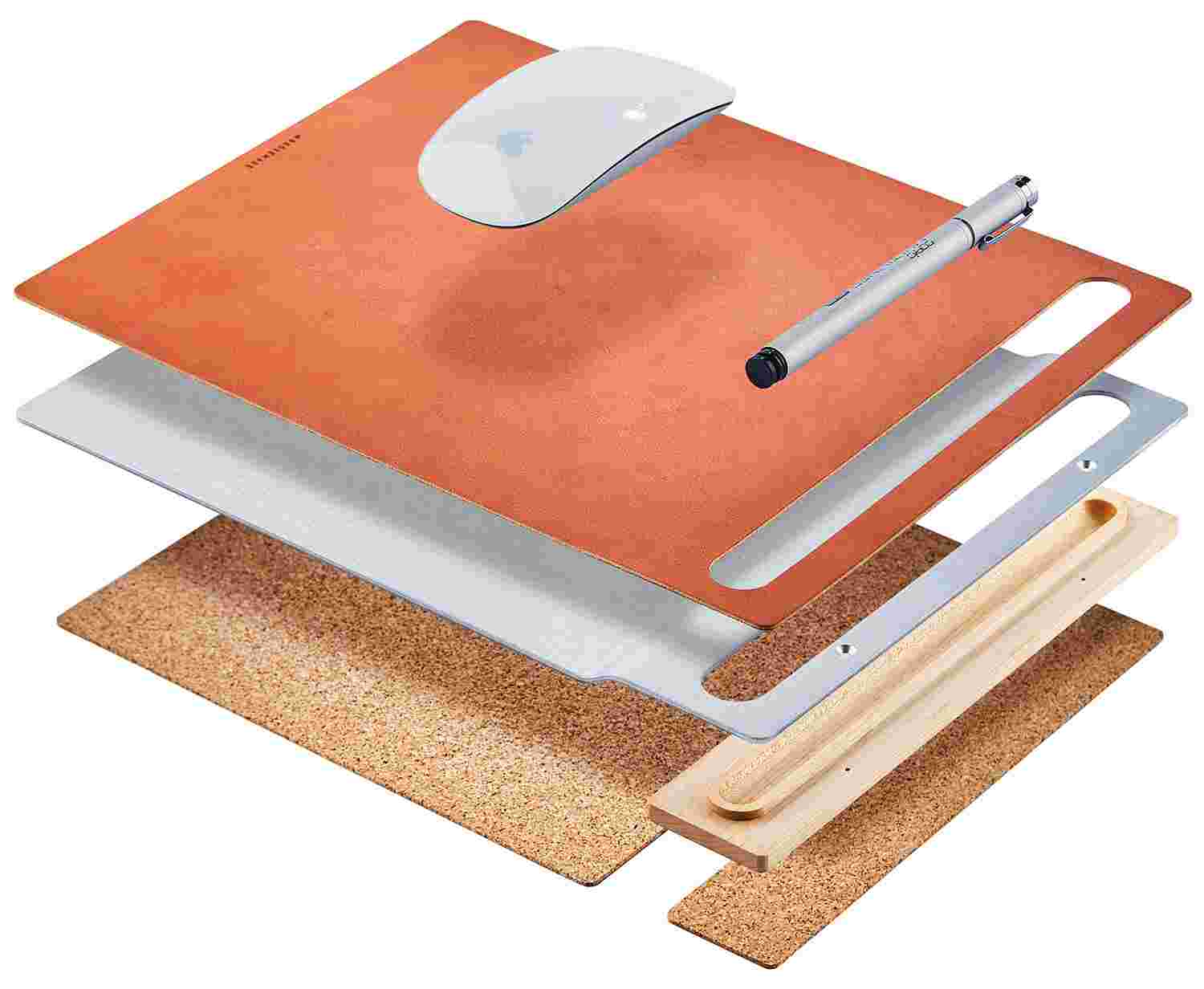 Exploded, cross-section view of the Maple & Leather Mouse Pad showing the layering of cork, maple, and premium vegetable-tanned leather.