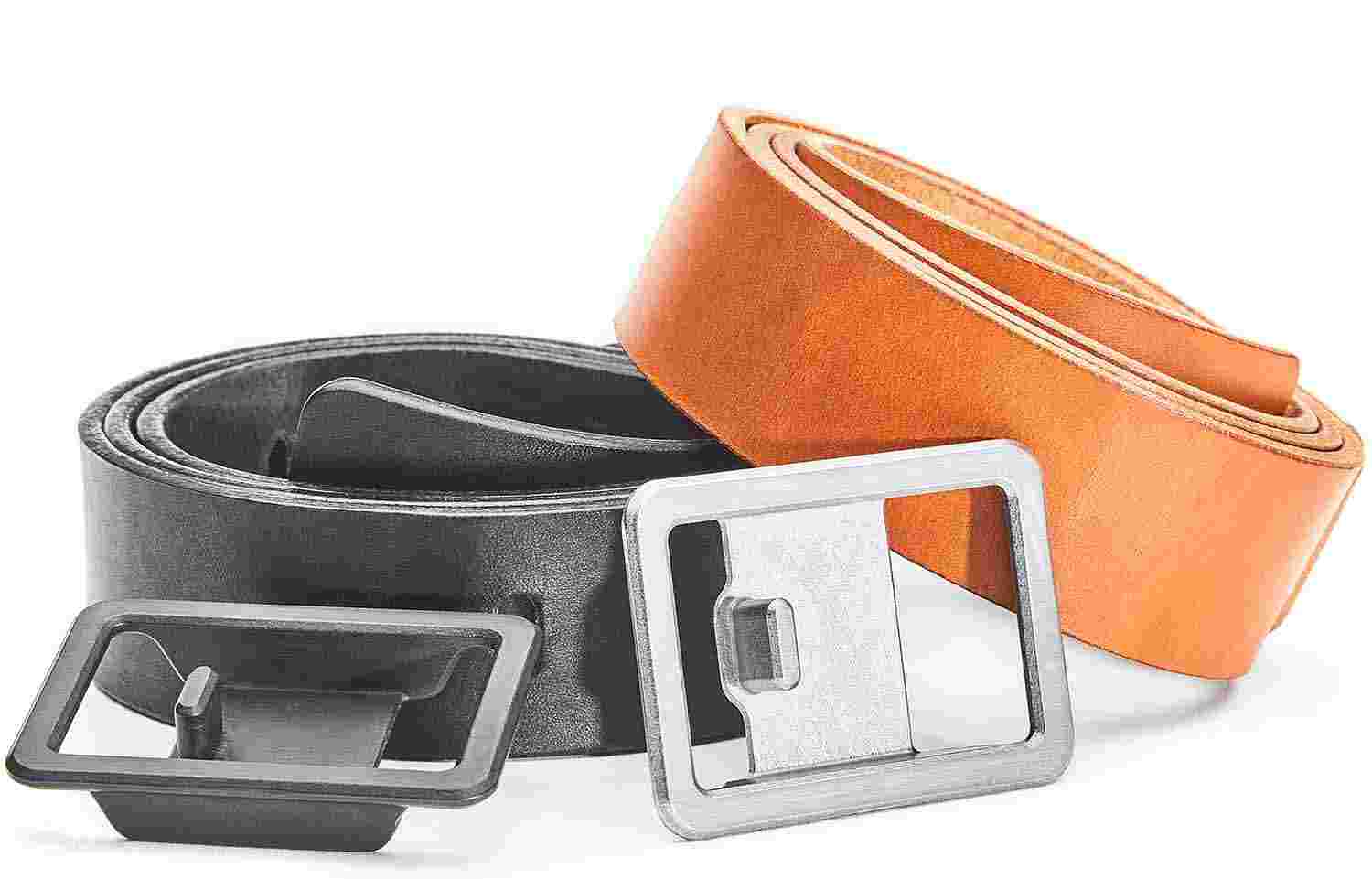 Disassembled minimalist belts—one tan and one black with unique matching buckles.