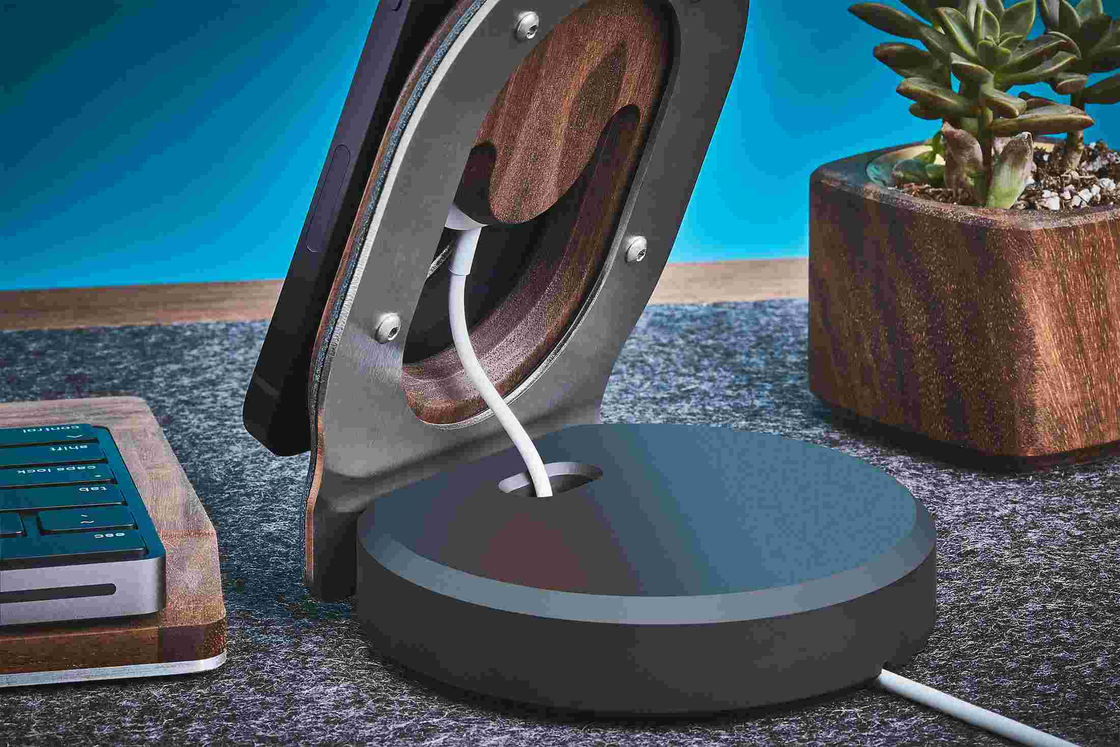 Rear view of the Walnut MagSafe Stand's cord management.