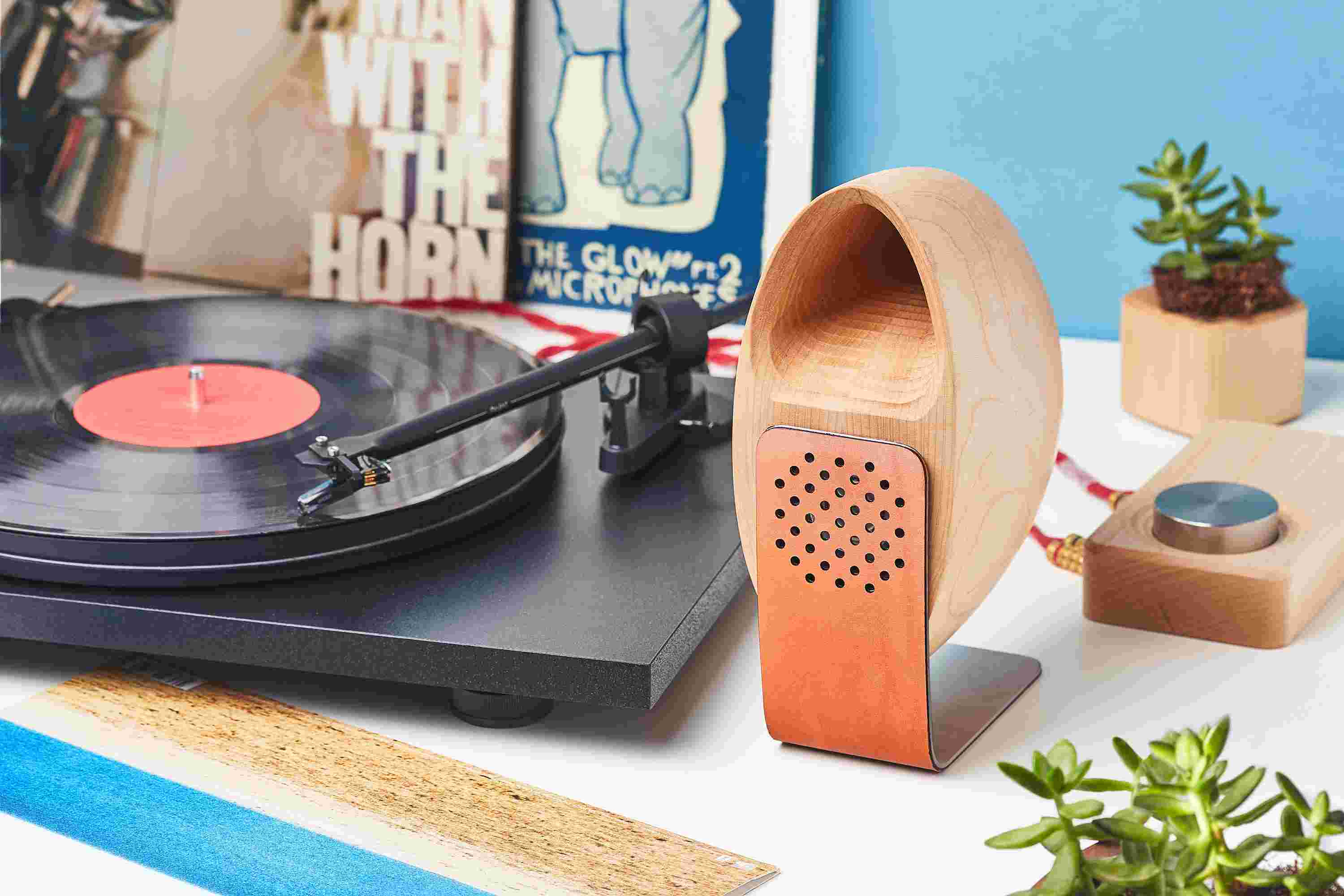 Detail of the maple wood speaker connected to a turntable system.
