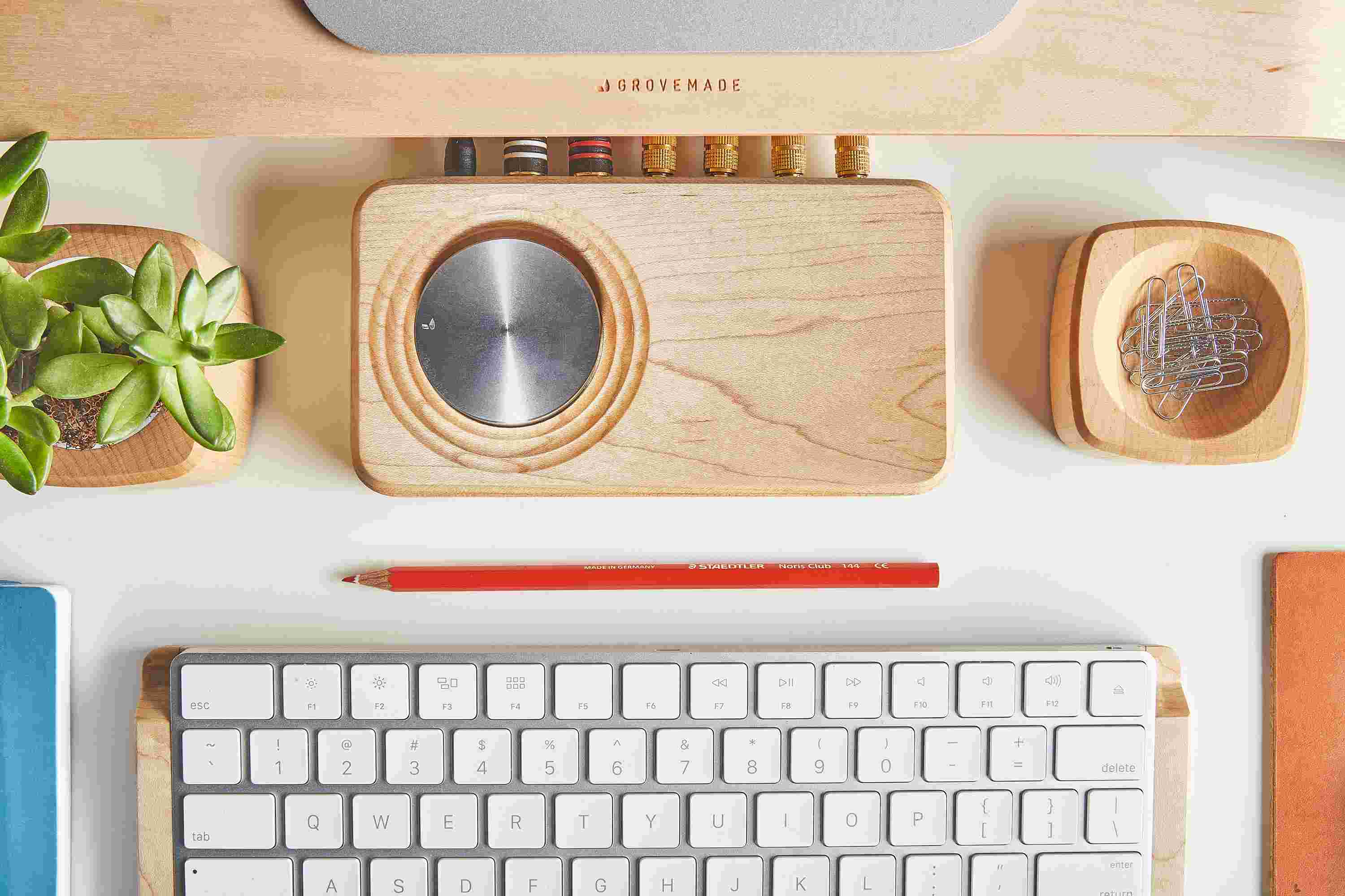 Top view of the maple wood amplifier, part of the Grovemade wood desk collection.