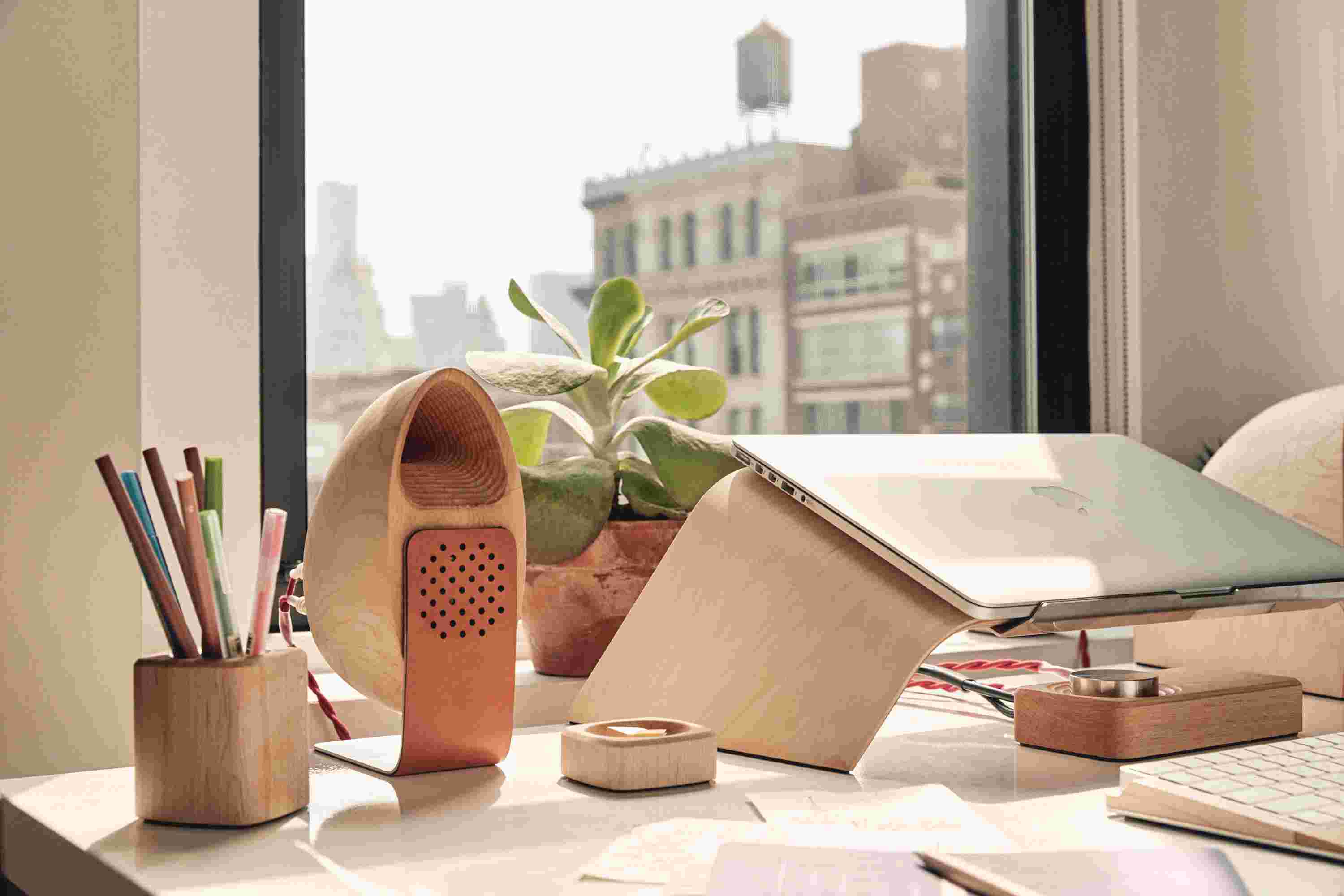 Front view of the seashell speaker design on the wooden desk speaker.