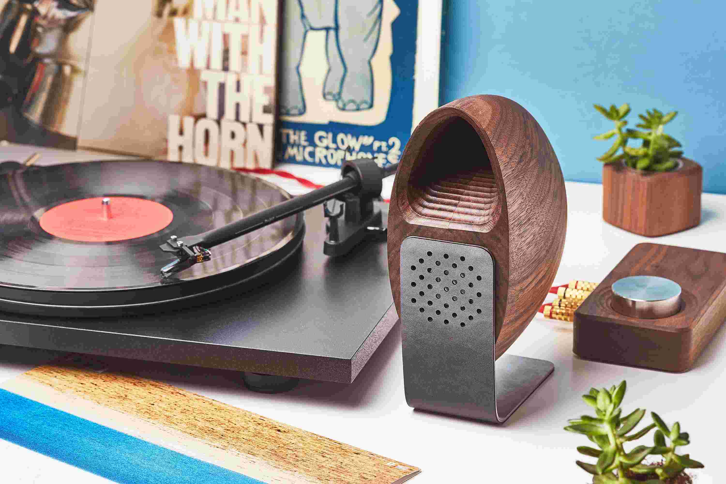 Detail of the walnut wood speaker connected to a turntable system.