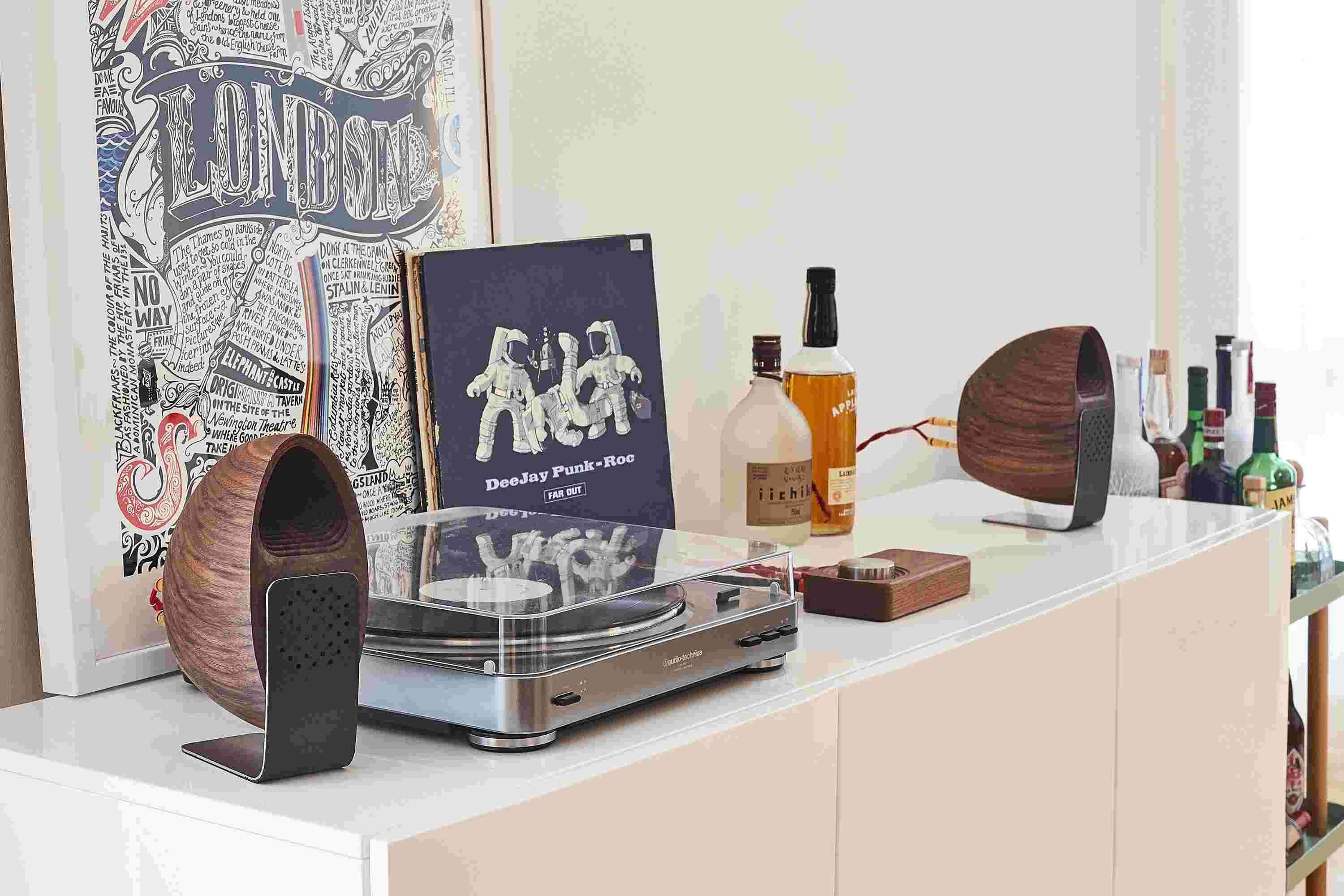 Rear detail of the brass banana connectors on the wooden maple speaker system.